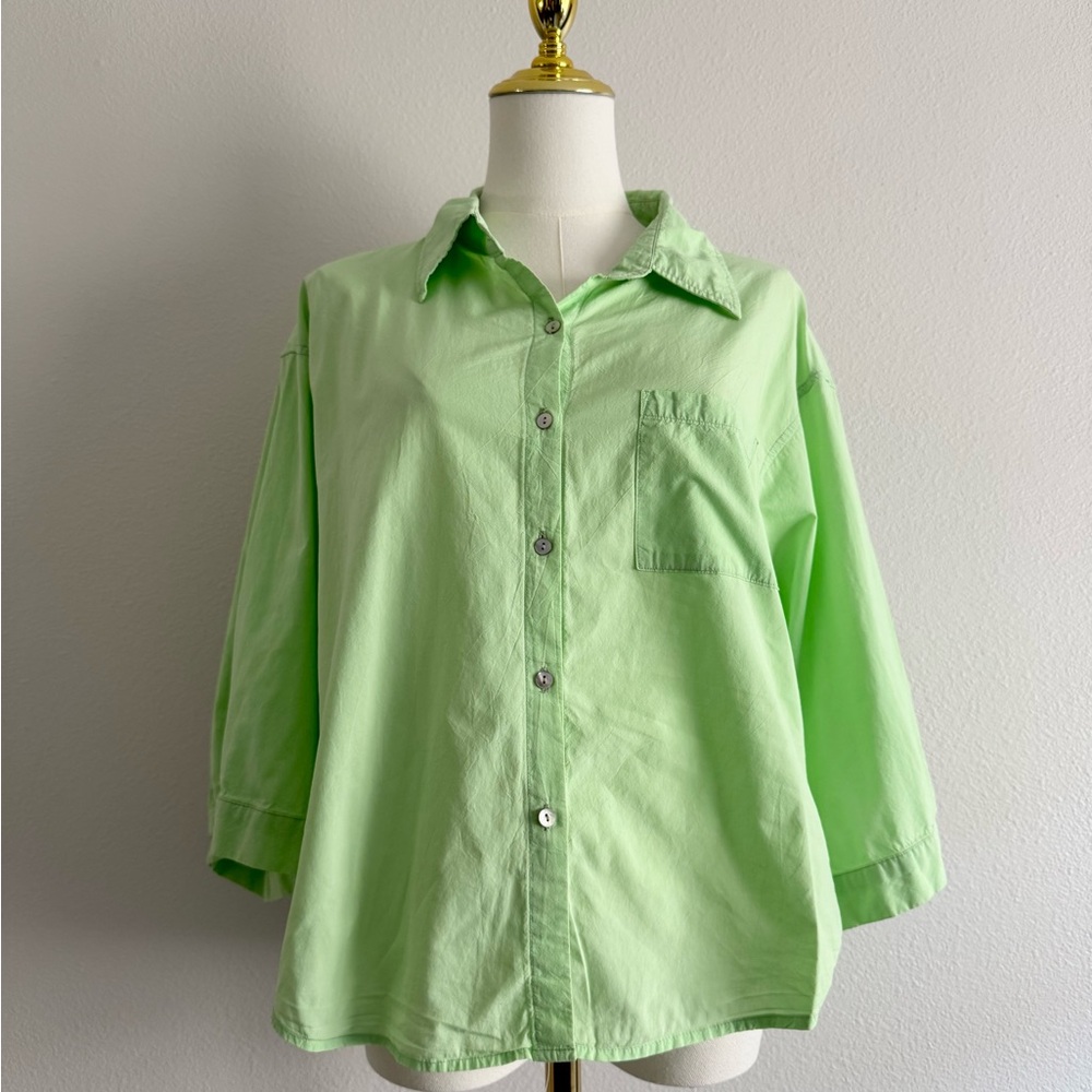 Araminta‎ James Cotton Button Down 3/4 Sleeve Shirt Women’s Sz S Honeydew Green